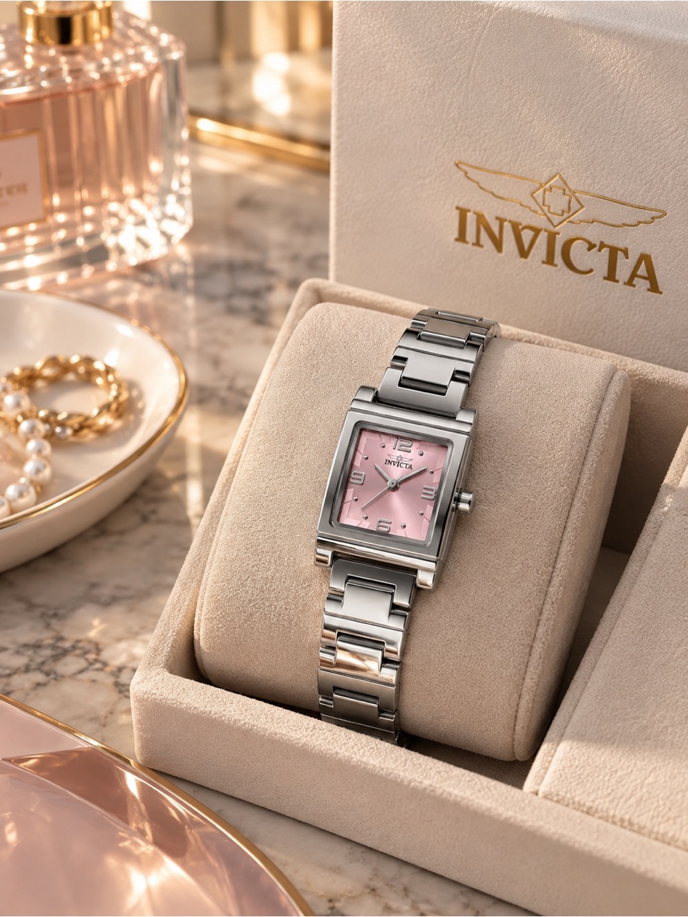 Invicta Angel Lady Pink Dial Silver Square Watch 70244 21mm NEW IN BOX